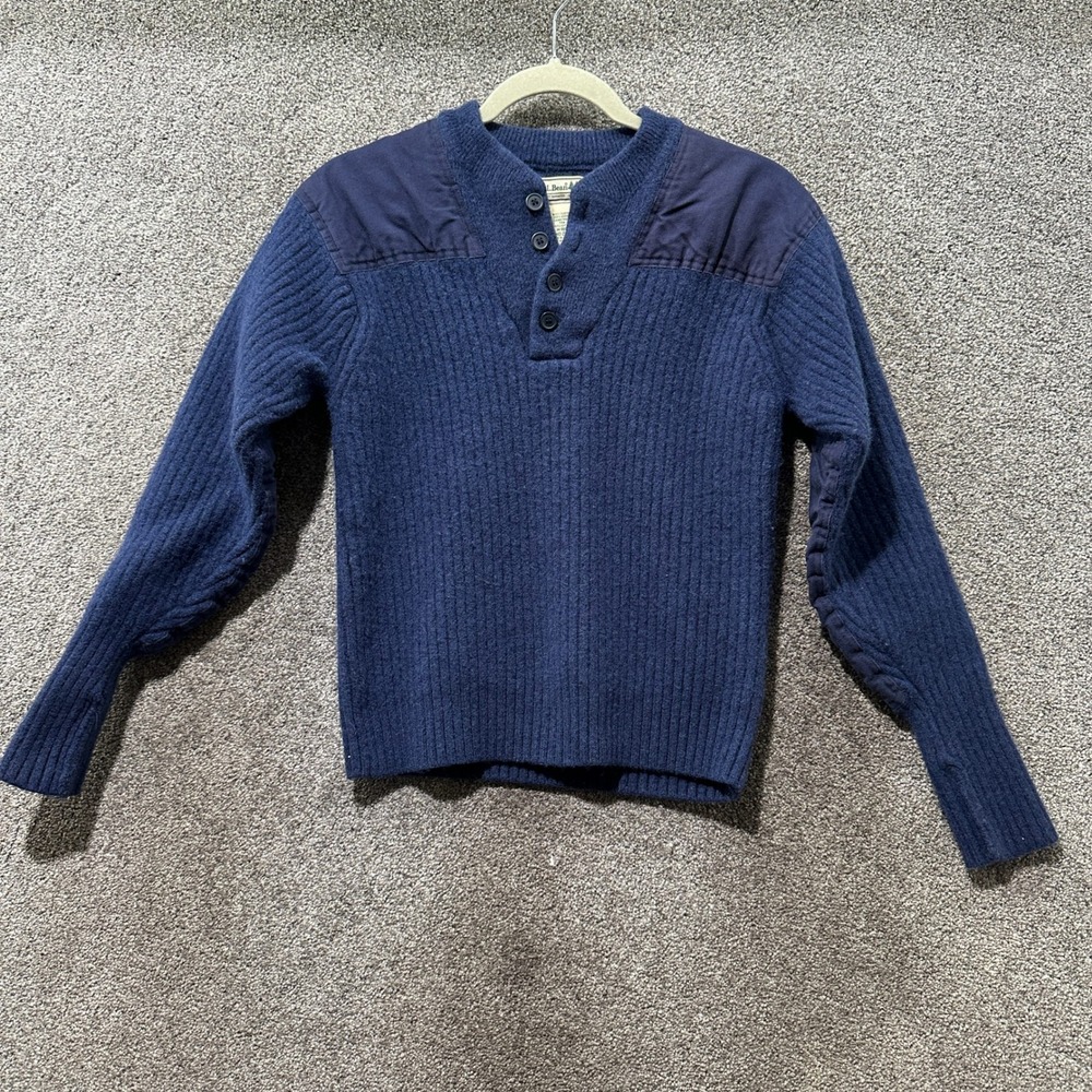 LL Bean Kids Navy Blue Merino Lambswool Ribbed Commando Henley Sweater M 10-12